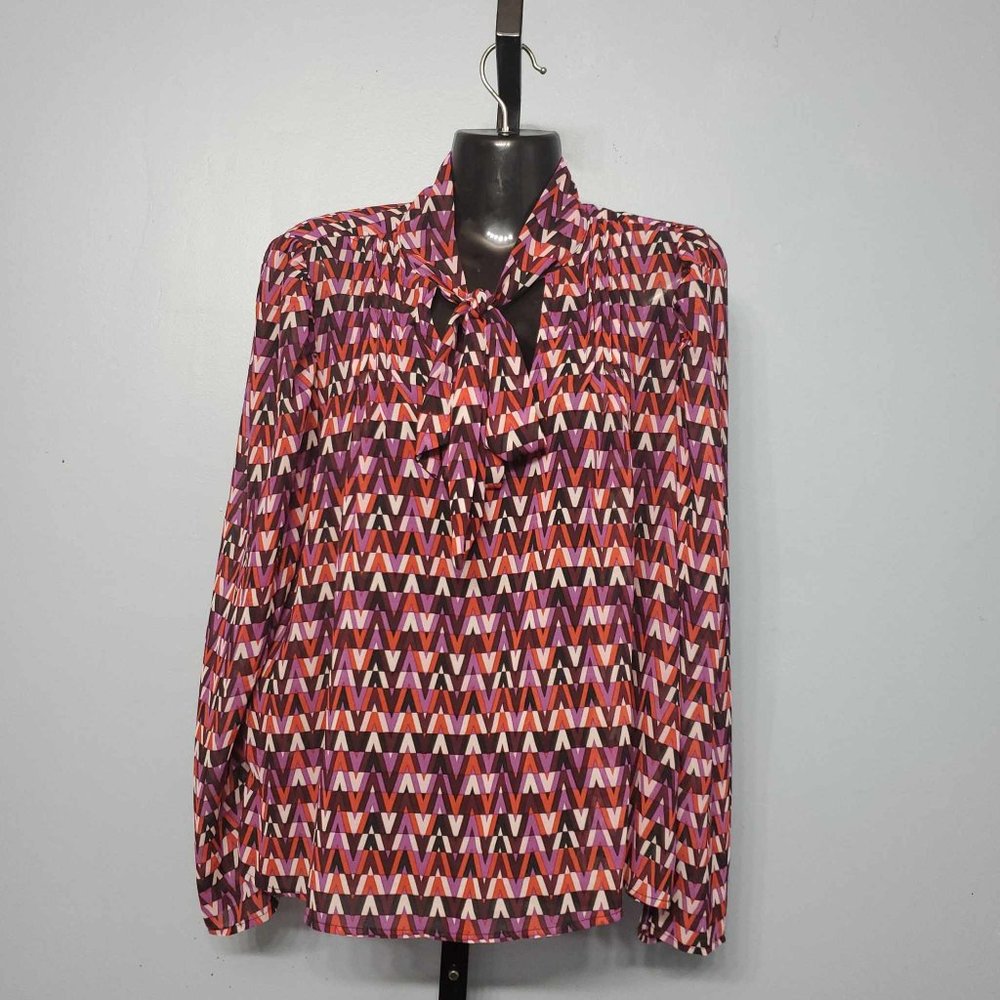 Fab'rik Tops Pink, Red, Pruple Abstract Print Silk Bow Neck Blouse |Size: Medium